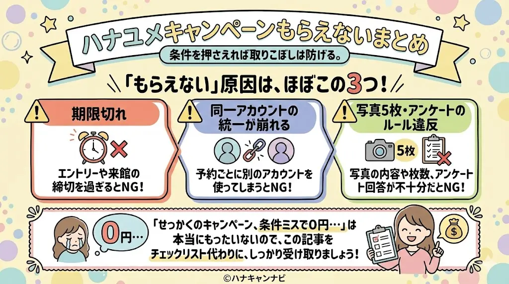 ハナユメキャンペーンもらえないまとめ｜条件を押さえれば取りこぼしは防げる