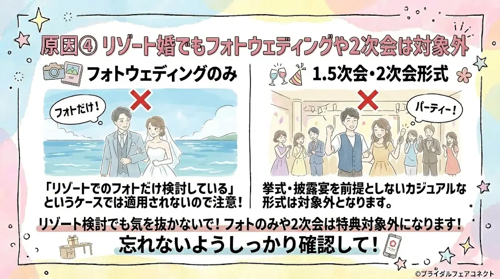 ハナユメキャンペーンもらえない原④リゾート婚でもフォトウェディングや2次会は対象外