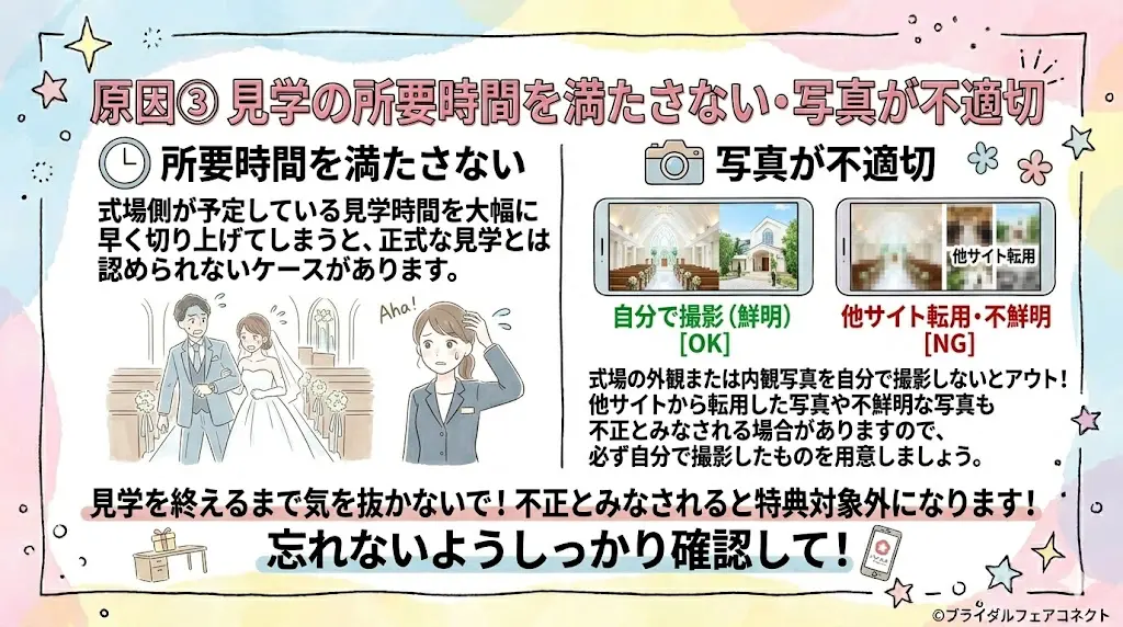 ハナユメキャンペーンもらえない原因③見学の所要時間を満たさない・写真が不適切