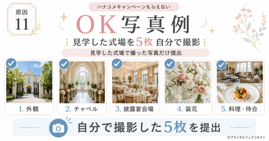 ハナユメキャンペーンでは、会場の外観、チャペル、披露宴会場、装花、料理、待合スペースなど、見学したことが分かる写真を自分で撮影しておきましょう